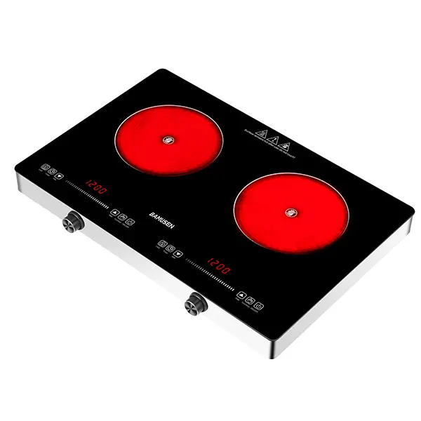 Bamusen Portable Electronic Induction Cooktop, 1500W Double Burners with Child Safety Lock, Knob & Touch Controls, 9-Level Adjustable Temperature, Suitable for Casserole, Stainless Steel & Copper Cookware, Courtyards Kitchen Appliance