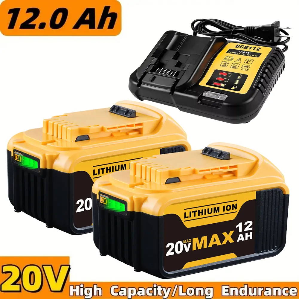 1/2-Pack 12.0Ah DCS Cells High-Capacity Lithium-Ion Upgraded Battery Replacement & DCB112 Charger Combo for Dewalt 20V MAX Cordless Power Tools Battery, Compatible with DCB200, DCB205, DCB206 Series, with Advanced Safety Features