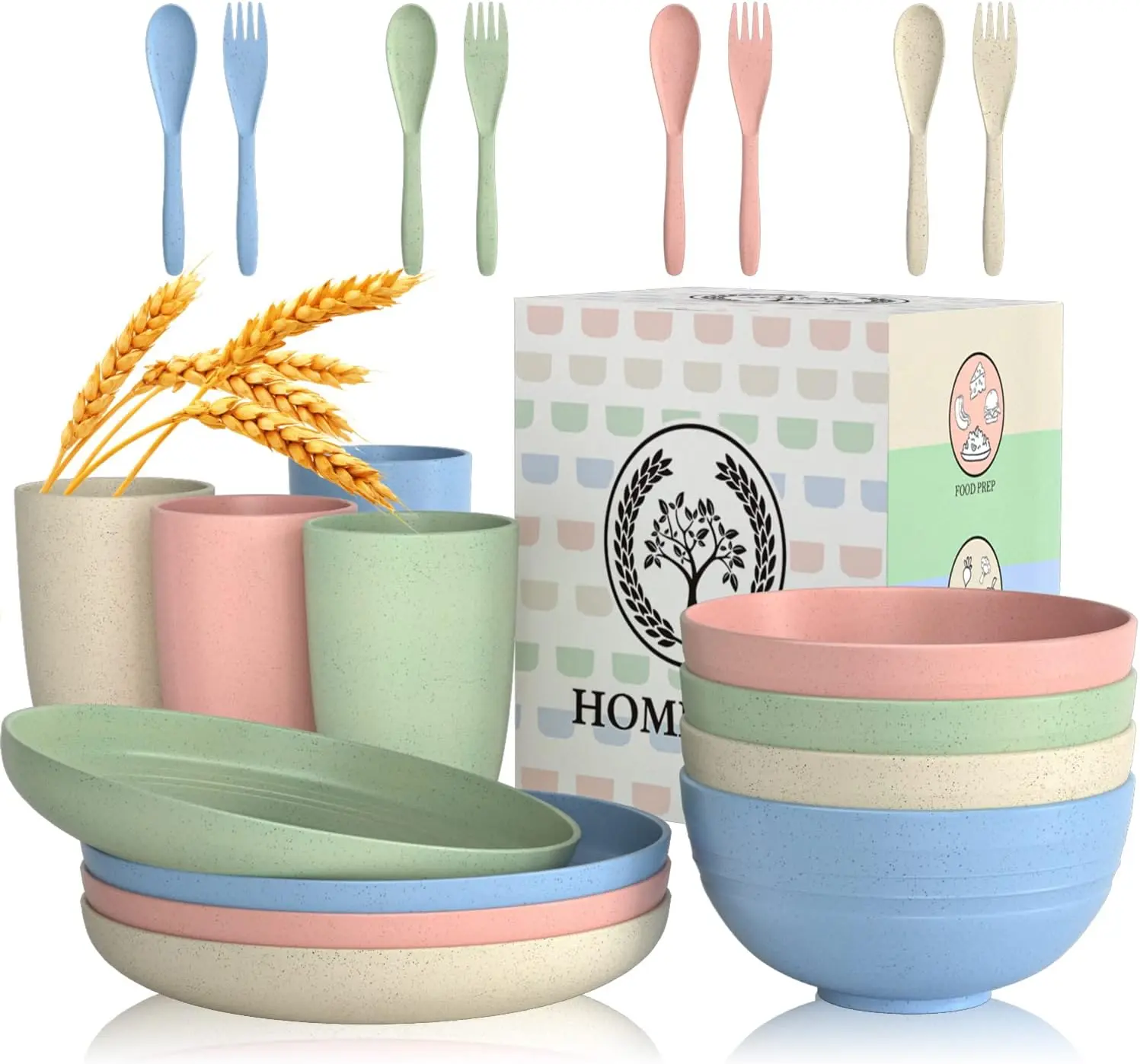 Wheat Straw Dinnerware Sets 20 PCS Cups and Plates Sets for Kitchen Microwave and Dishwasher Safe Plate Set Unbreakable Camping Dish Set Kids Plates and Bowls Sets for Picnic, RV (Multilight)
