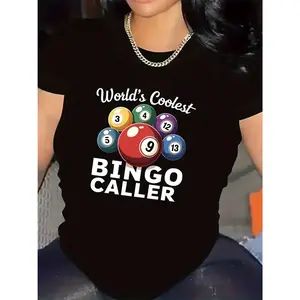 Short Sleeve T-Shirt For Bingo Caller |   Perfect For Party Or Game Night, Durable And Comfortable, Ideal Gift For Enthusiasts, Stylish Design With Number Balls Print, Suitable For Indoor Activities, Crew Neck, Medium Stretch Fabric