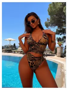 Tankini Swimsuit Women 2 Piece Leopard Print Bathing Suit Ruched High Waisted Swimsuit High Cut Bikini Set Drawstring Tummy Control Swimwear for Beach Pool Vacation