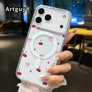 Cherry Bow Magnetic Silicone Phone Case - Advanced Fashion Gift, Shockproof, Stylish, Durable Protector for iPhone 11,12,13,14,15 Plus,16 Pro Max,17,Air,E - Smartphone,Cellphone Cover with Premium Soft Protection Protective Casing, Accessories, Handheld