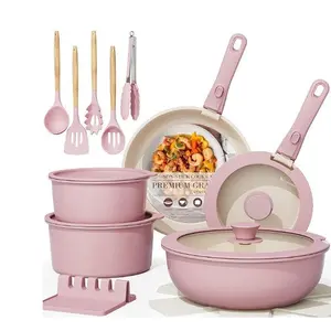 8-21 Piece Multi Color Orange Red Purple Blue Pink White Black Non-Stick Kitchen Cookware Pots and Pans Sets