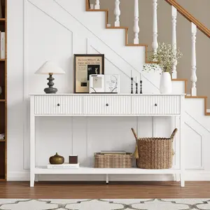RoyalCraft Fluted Console Table with 3 Drawers, Modern White Entryway Table with Storage Shelf, Narrow Long Sofa Table, Foyer Table behind Couches for Living Room, Entryway, Hallway