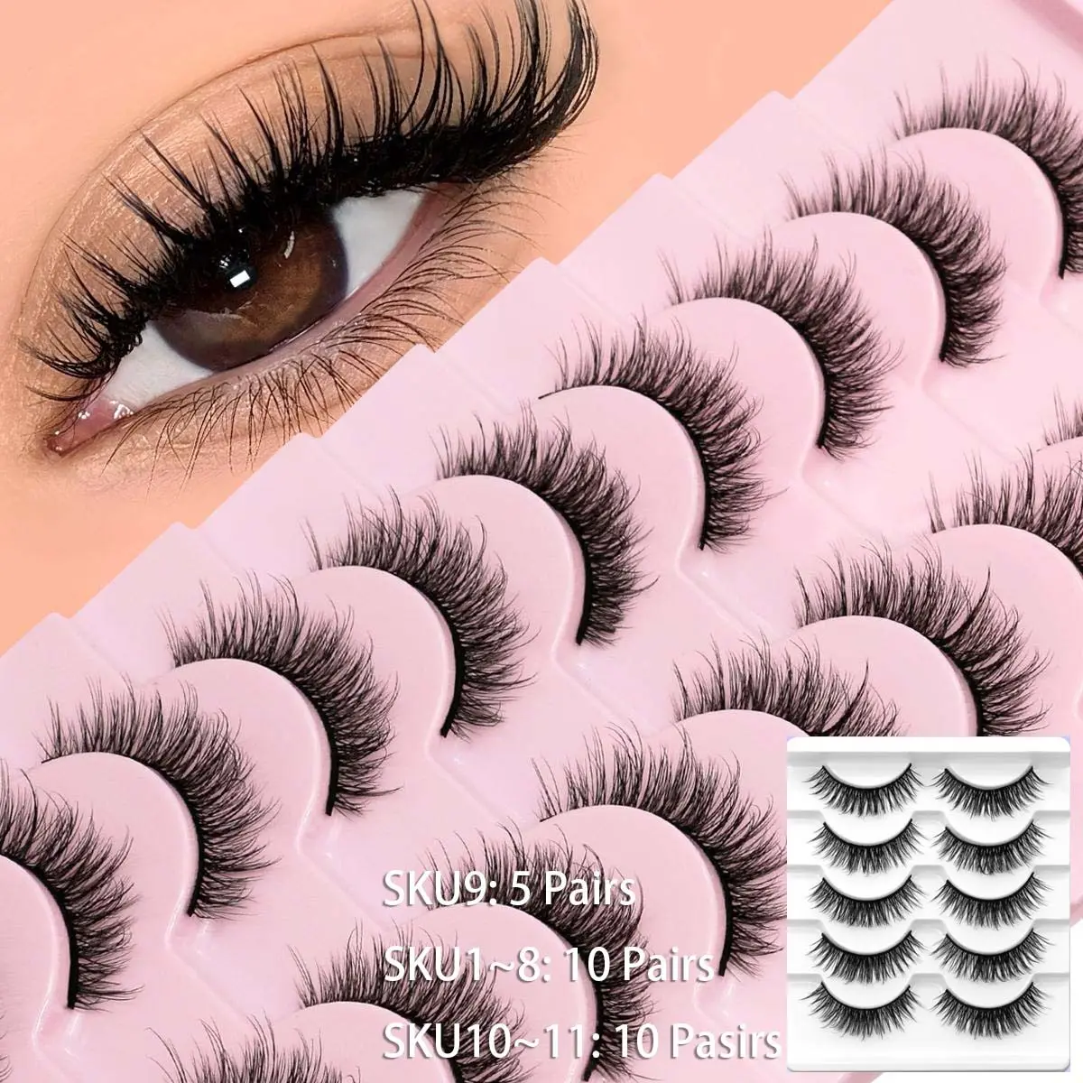 GROINNEYA 5/10 Pairs Fluffy Soft Eye Lashes 3D C Curl False Lashes Natural Makeup Strip Eyelashes Angel Lashes Clear Band Full Strip Lashes Short Wispy Lashes Volume Wispy Fake Eyelashes Reusable Makeup,Essential For Daily Wear Strip Lashes,Ghost Lashes