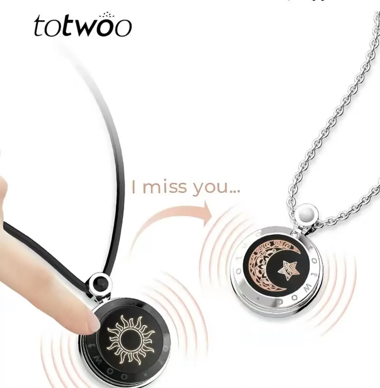 totwoo Sun & Moon Couple Necklaces, 2-Piece Unisex Agate Touch Pendants with Steel Chain, Remote Interactive Flash & Vibration, Black and Silver Love Connect Gift Set, Black+ Silver (One Pair)