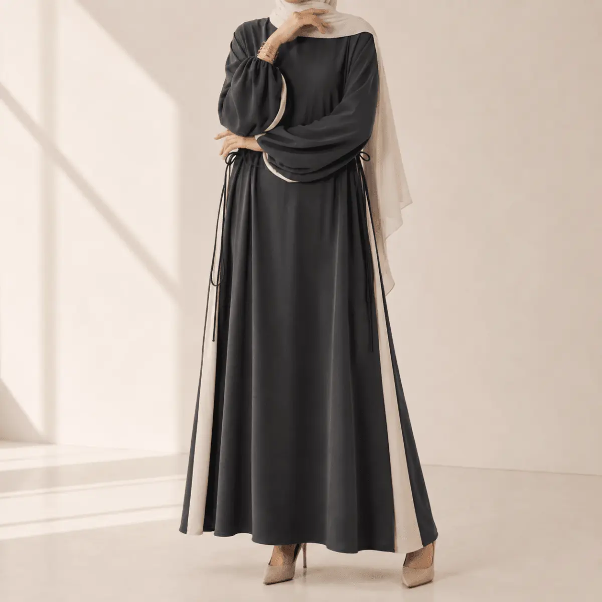 A-Line Contrast Panel Abaya for Women, Minimalist Modest Dress with Balloon Sleeves and Side Drawstring, Breathable Wudu-Friendly 1-Piece Outfit, Modest Fashion, Hijabi Fashion, Muslim Fashion, Floor-Length Abayas