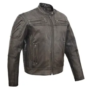 High Mileage Men's Distressed Brown Premium Cowhide Vented and Padded Biker Scooter Jacket