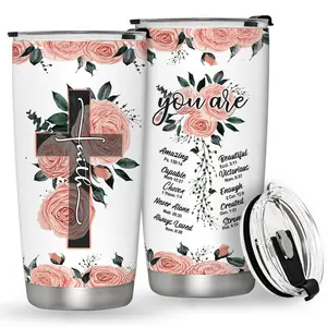 Floral & Cross Pattern Tumbler with Lid, 1 Count 20oz Faith Cross Floral Bible Verses Tumbler, Inspirational Gift for Women,Scripture Gift, Religious Present, Prayer Room Decor, Godly Woman, Bible Study Accessories, Church Ministry Gift, Christian Decor.