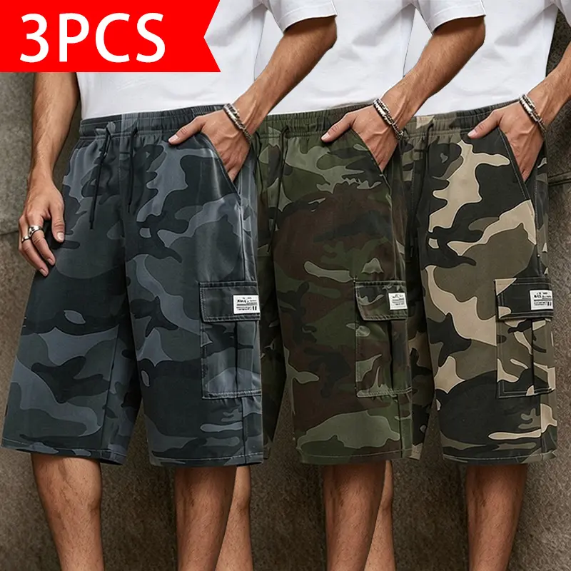 3-pack men’s camouflage cargo shorts, comfortable wear-resistant fabric, loose fit for casual versatility, with a street-style vibe, suitable for everyday outings and outdoor activities.