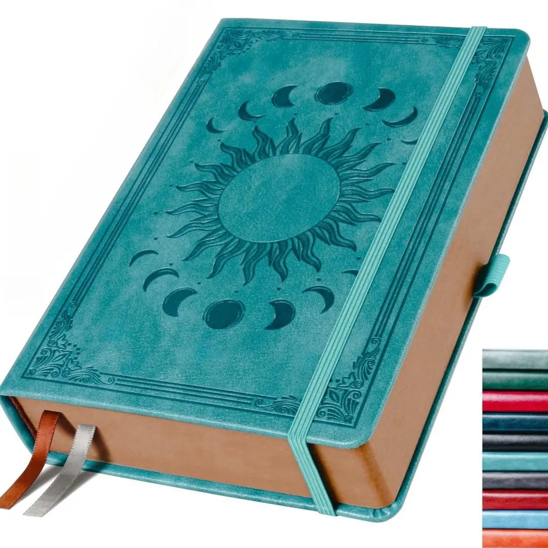 A5 Journal Notebook, 1 Count Sun & Moon Embossed Faux Leather Cover Notebook, Lined Paper Notebook with Pen Loop, Elastic Closure, Ribbon Bookmarks, Travel Diary Notebook, Student Essentials, College Essentials