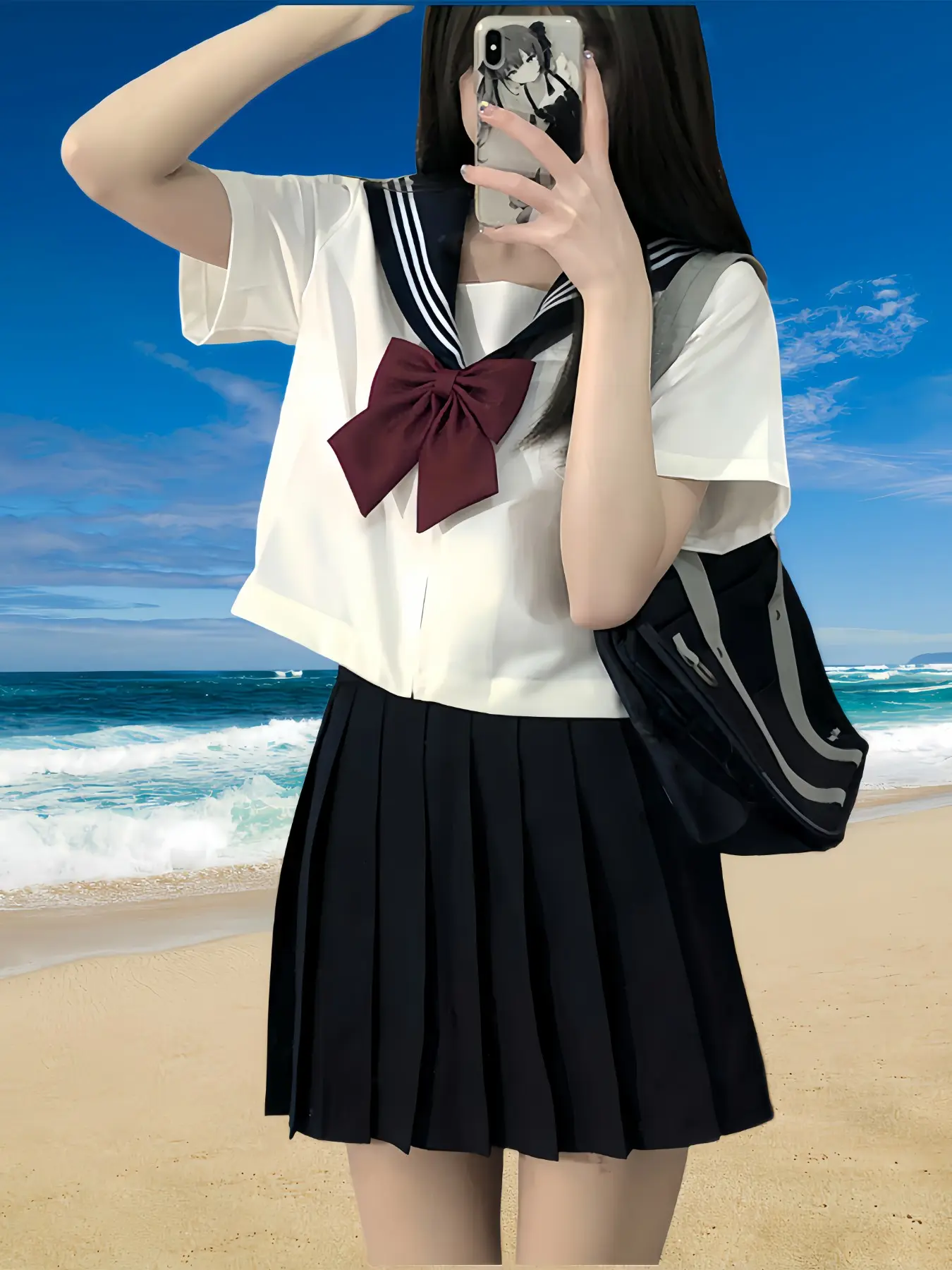 Kawaii School Jk Uniform Set Women Clothes Cute with Bow Tie, Short Sleeve Top, Navy Pleated Skirt, Bow Tie, Cosplay Club Costume, Party Dress