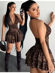 Women's Leopard Print Halter Neck Pleated Skirt Dress, Sexy Vacation Wear, Cheetah Print Dress, Birthday, Summer Fashion