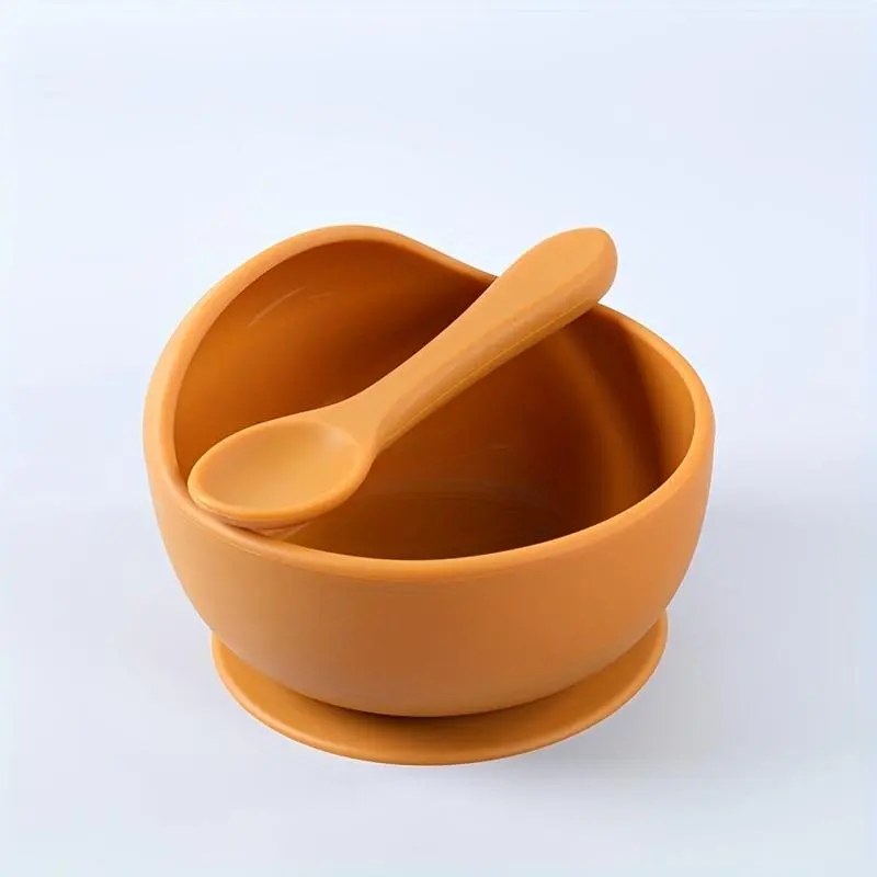 1 set of 2 silicone bowls, children's bowl, silicone suction cup, bowl and spoon set, tableware, Feeding Accessories, Durable utensils tableware, anti-drop complementary food training bowl, silicone straw, portable non-slip, Toddler Dinnerware Set