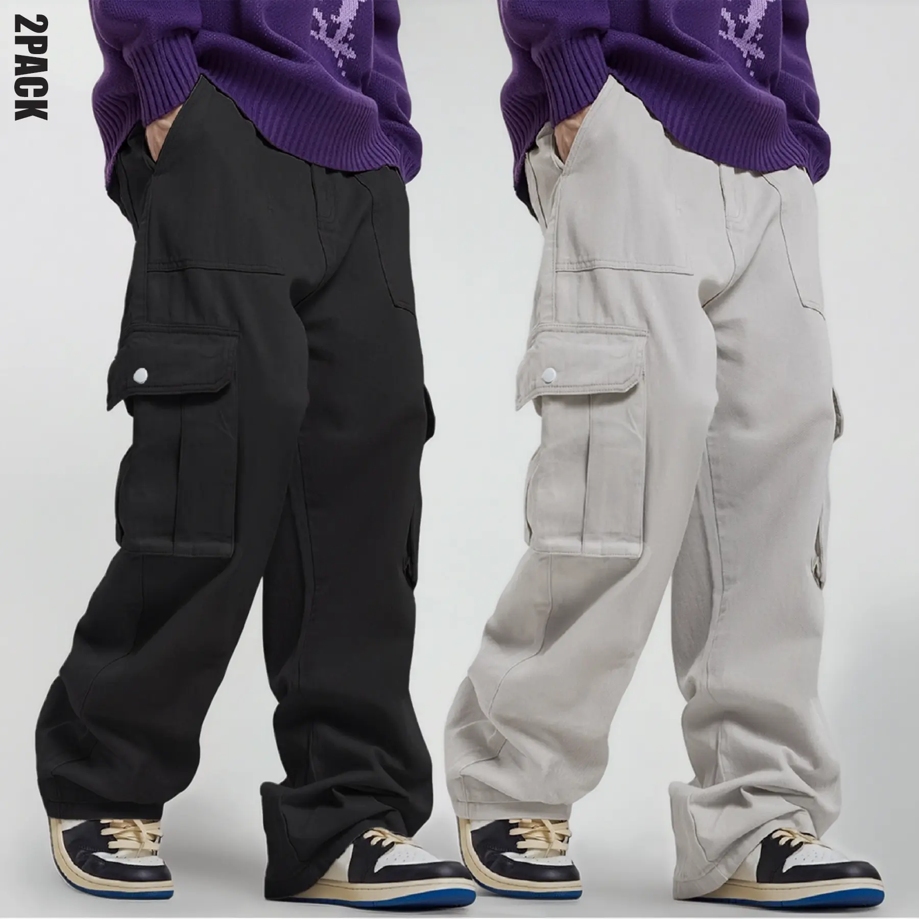 Mens 2 Pack Cargo Pants Y2K Streetwear Baggy Wide Leg Utility Trousers with Flap Pockets Drawstring Waist Relaxed Fit Everyday Wear Summer Outfits Travel Commute Campus Lounge Workwear Rotation Casual Street Fit Beige Set