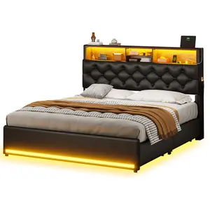SIKAIC Queen Bed Frame, PU Leather Upholstered, with LED Lights, Black