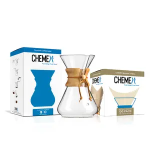 Chemex Bundle includes 10-Cup Classic Series Chemex Pour Over Coffee Maker and 100 ct Square Filters - Exclusive Packaging Leather Tea