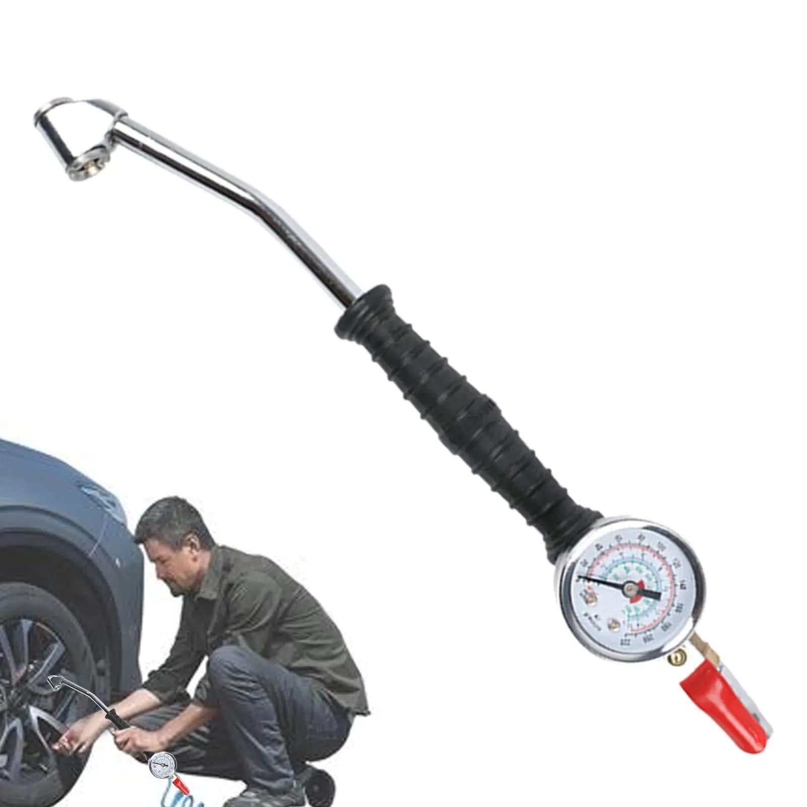 Cranked Inflator Pole - High-Pressure Manual Pump Tire Filler with LED Indicator, Rugged Construction, Car Tire Tyre Pressure Gauges for Portable Pickup, Motorbike Use