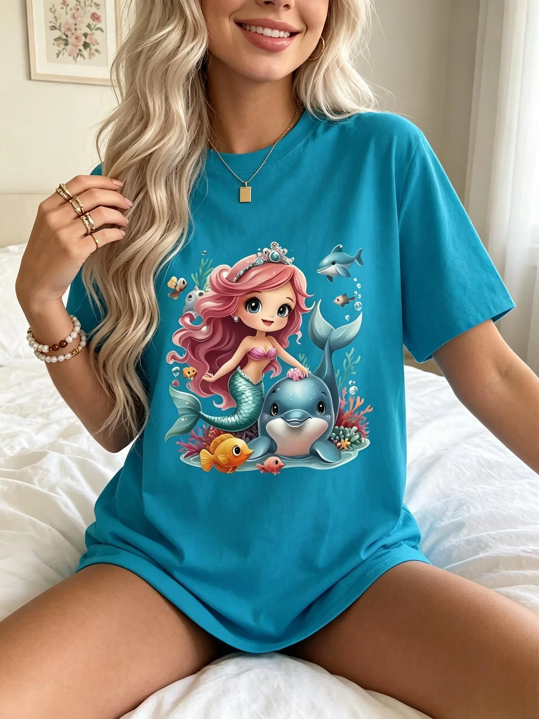 Women's Soft Lightweight Cotton Crew Neck Shortsleeve Cropped Fitted Mermaid Graphic T-Shirt - Heat Transfer, Backless Style, Machine Washable, TikTok Viral, Kawaii Fairycore Top, Perfect for Summer Casual Outfits, Basic sohochic