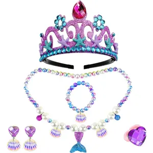P-JLY01   6pcs Girls Princess Necklace Bracelets Ear Clips Set Mermaid Crown Pendant Colorful Plastic Princess Party Dress Up Pretend Play Christmas Gift
