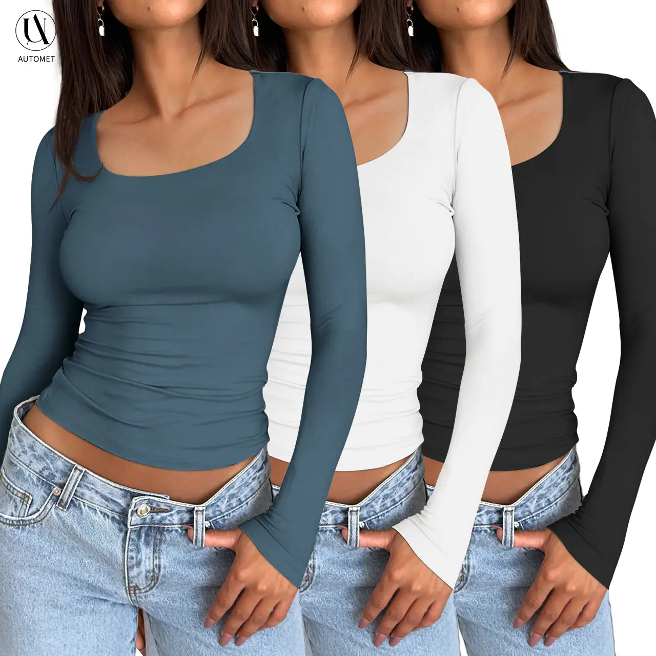 AUTOMET Women's 3 Pack Long Sleeve Crop Tops Slim Fit Y2K Fashion Basic Layering Shirts Haze Blue White Black Minimalist Casual Korean Style Everyday