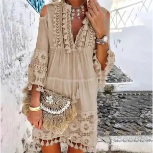 Women’s New Spring Boho Embroidered Crochet Lace Off-Shoulder Mini Dress with Fringe Ruffles, V-Neck, Elegant Beach Wear for Summer