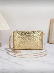 Gold Crocodile Embossed Minimalist Handbag Stylish Crossbody Fashion Crossbody Bags with Metal Chain Strap and Coin Pouch for Women Girls Evening Party Shopping Daily Commute Travel Wedding