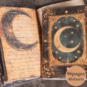 96pages(non-repeating patterns) Retro Mystical Moon Phases Junk Journal Writable Vintage Material Paper Notebook with Two Bookmarks, Perfect for Scrapbooking, Cardmaking, Planner Decor, Daily Office, Paper Craft, Collages