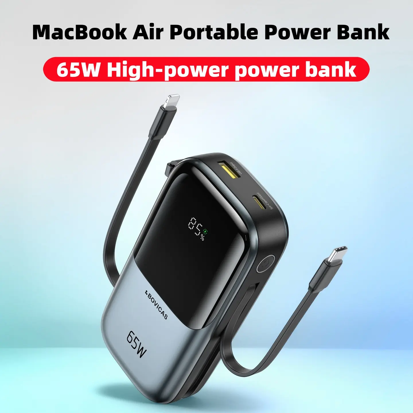 20000mAh 65W Laptop Power Bank, 4-in-1 Portable Charger with Built-in USB Type-C Cable, Fast Charging for MacBook, iPhone 17 Pro Max, Samsung S24