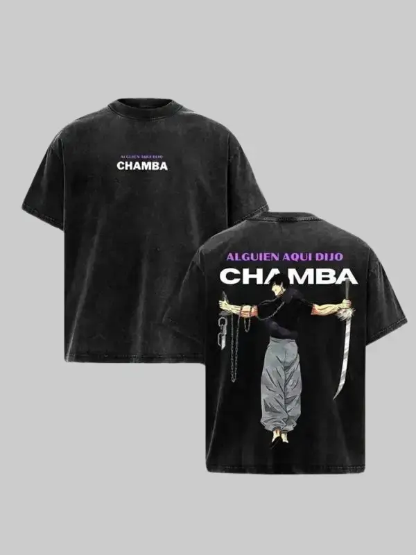 Toji Fushiguro Anime Print Menswear T-Shirt - Alguien Aqui Dijo Chamba Vintage Acid Wash Baggy Loose Oversized Tee, Premium Heavyweight Cotton Streetwear, Retro Jujutsu Inspired Men's Short-Sleeve Top Tshirt Crewneck Tropical Casual