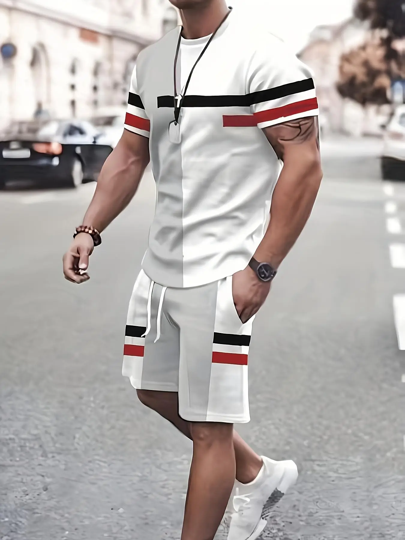 Two Pieces Men's Colorblock Striped Print Drawstring Two-piece Set, Regular Fit Casual Short Sleeve T-shirt & Pocket Shorts, Back To School Clothes, M