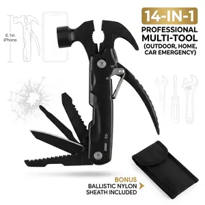 14-in-1 Multi-tool Hammer, Heavy Duty Multifunctional Camping Survival Gear, Portable Stainless Steel EDC Tool with Pliers, Knife, Saw, Screwdrivers, Bottle Opener | Includes Nylon Sheath | Gifts for Men, Dad (Black)