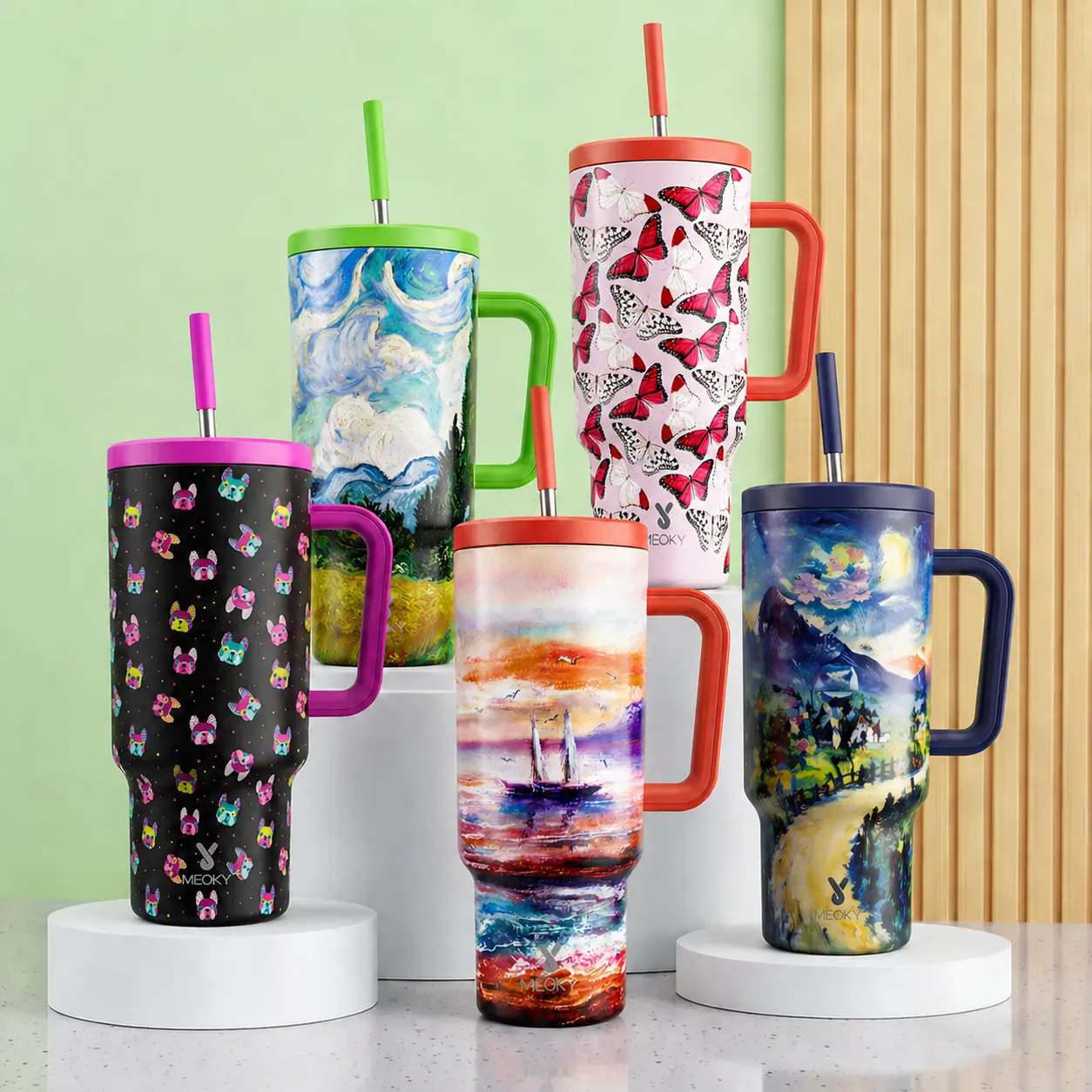 MEOKY 40oz Modern Stainless Steel Insulated Travel Tumbler with Handle, Leak-Proof Lid, Straw, Coffee Mug, Keeps Cold for 34 Hours or Hot for 10 Hours (Night)#TikTokShopSummerSale