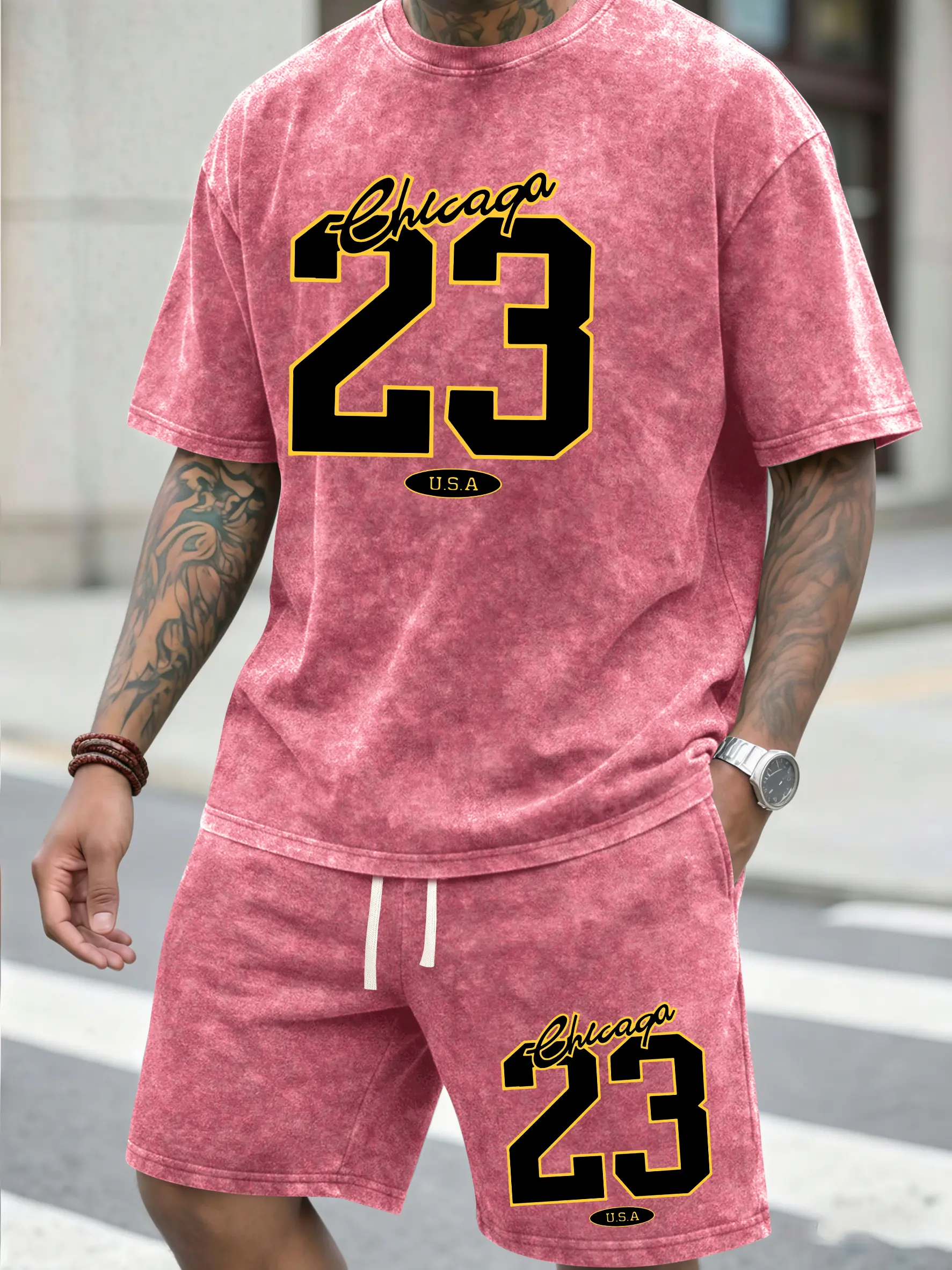 Men’s vintage washed graphic T-shirt and shorts set, cotton casual two-piece summer outfit, Y2K streetwear, suitable for running, gym, beach, and vacation wear