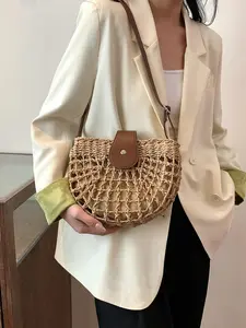 Boho Style Braid Design Crossbody Bag, Fashionable Half Moon Bag for Women, Casual Trendy Versatile High-quality Daily Commuting Bag, Girl Fashionable Shopping Bag, Casual Commuter Bag, Fashionable Straw Bag