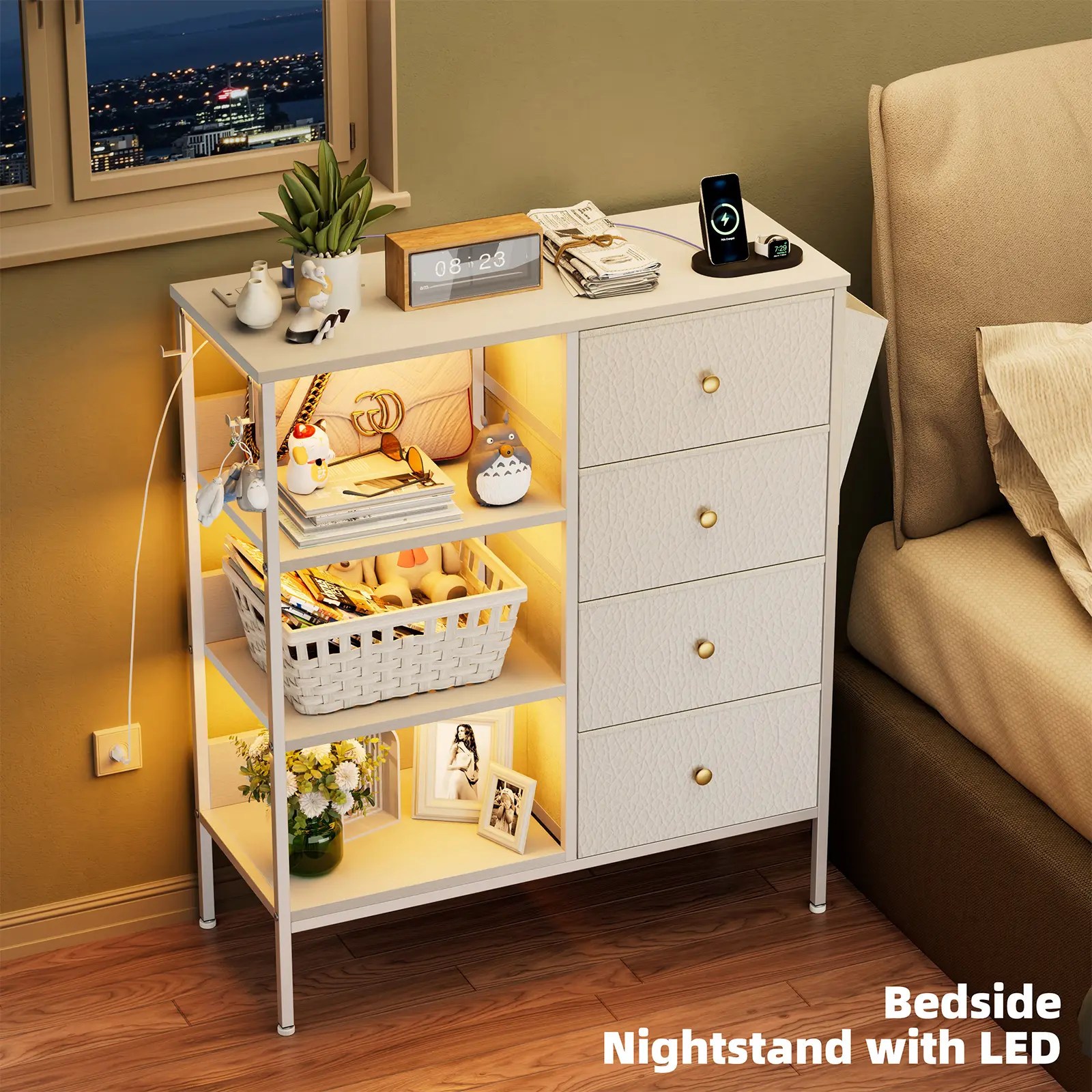 Tall Nightstand with LED Light & Charging Station – Bedside Table with 4 Drawers & 3-Tier Open Shelf, Modern Storage Cabinet with Wood Top & Metal Frame for Bedroom, Living Room, Apartment, 28.3"W x 11.4"D x 31.9"H