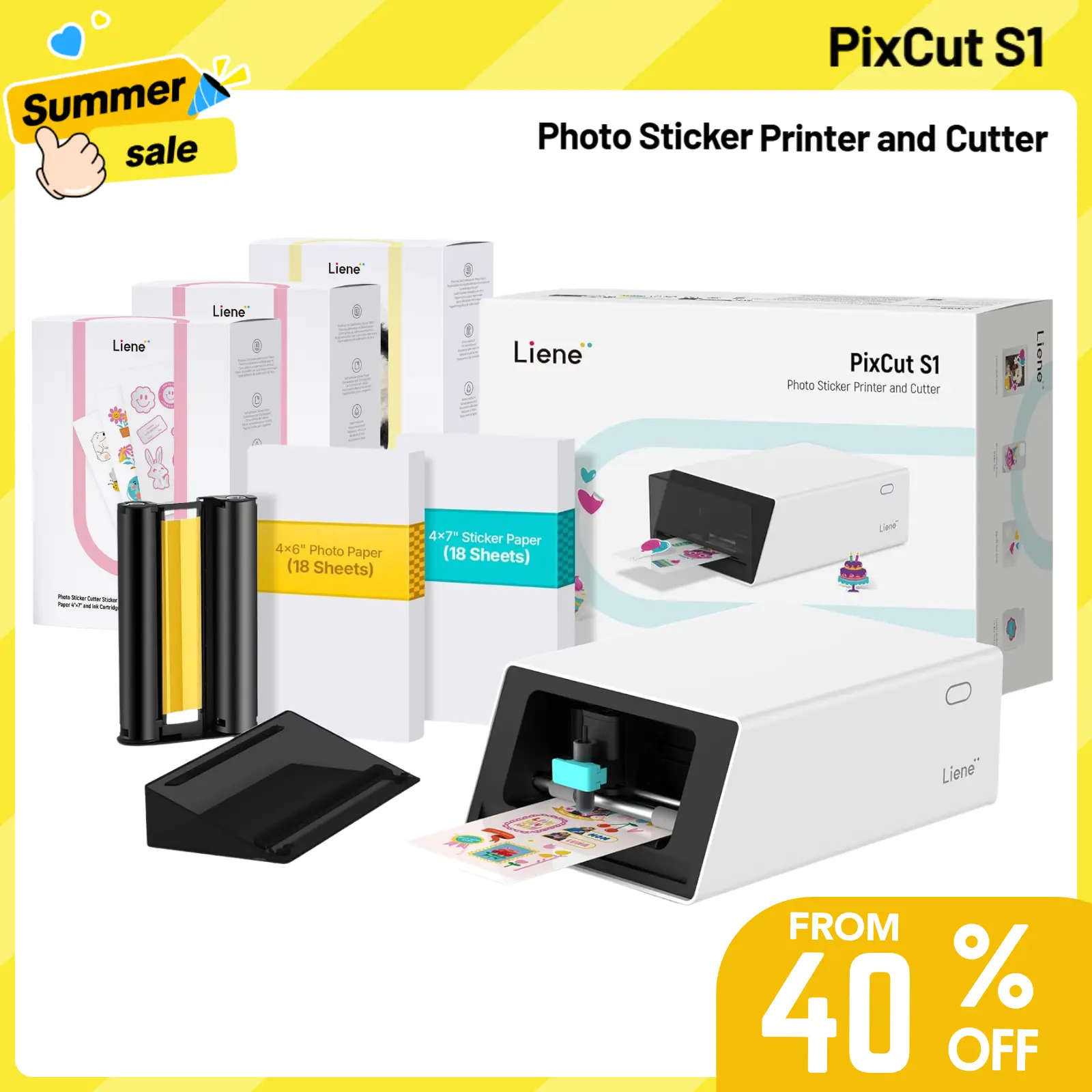 Liene PixCut S1 All-in-One Color Sticker Printer & Cutting Machine, Sticker Maker for DIY Crafts, Custom Labels & Gifts, Thermal Dye-Sublimation Photo Printer, 300 DPI, Color Label Maker, Precise AI Auto-Cutting, Back to School, Home Decor