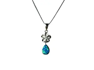 Plumeria Flower Necklace – Sterling Silver Blue Opal Pendant | Waterproof, Dainty Gift