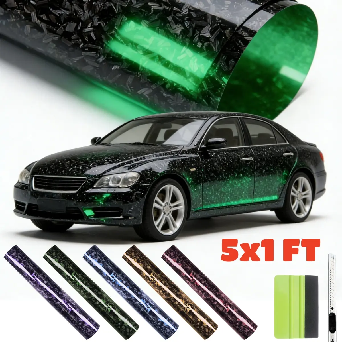 FONESO 5x1 FT Gloss Forged Carbon Car Body Sticker, Comes with Scraper Cutting Knife Tool, Two Color Reflective Self Adhesive Fibre Decal Vinyl Wraps Stripe Sticker Air Release DIY Vehicle Interior and External Accessories Decoration Set Universal