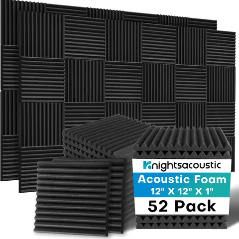 Acoustic Foam Panels (52-Pack Bulk, No Adhesive), 1"x12"x12" 1-Inch Precision-Engineered 12 Grooves Odor-Free for Relaxed Rooms, Cost-Effective Sound Control for Studios, Echo Taming