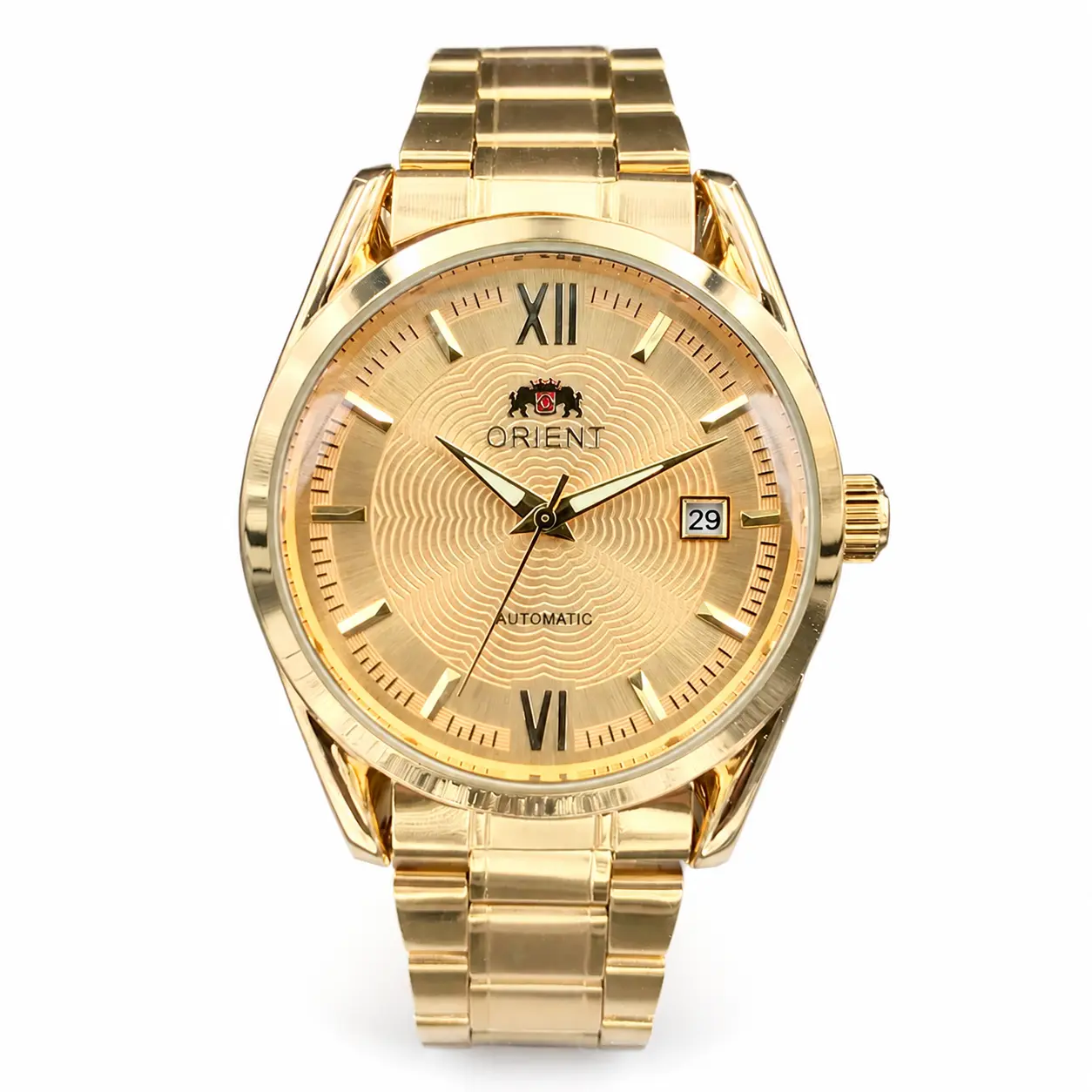 HogarSimple Men's Full Gold Automatic Mechanical Watch, Wave Texture Dial, Roman Numerals, Luminous Markers, Date Display, Stainless Steel Bracelet, Luxury Business Dress Watch Multiple Dial Options Reloj Automático Hombre
