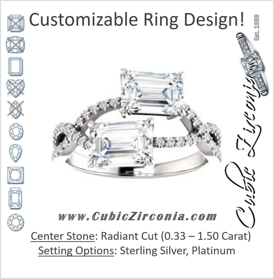 Cubic Zirconia Engagement Ring- The Harleigh (Customizable 2-stone Radiant Cut Artisan Style With Twisting Split-Pavé Band)