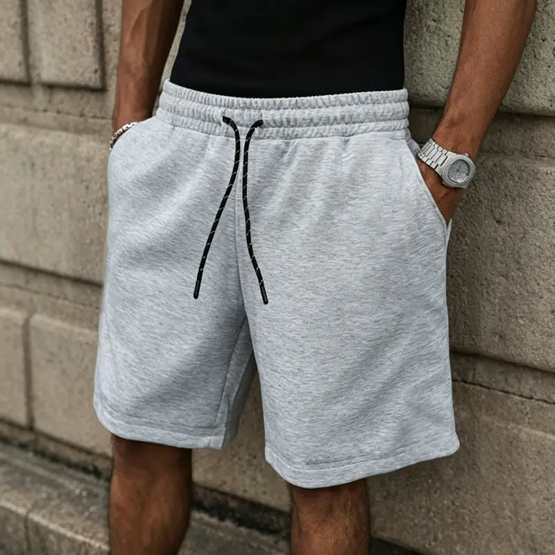 Men’s casual drawstring sweat shorts—elastic high-waisted loose athletic workout shorts with side pockets; soft, breathable knee-length jogger shorts for summer walking, gym workouts, and travel.