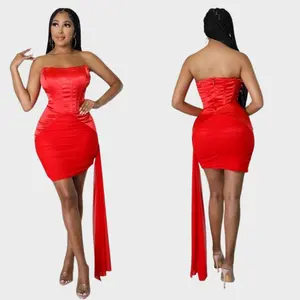 Erline Side Train Satin Corset sleeveless Dress-Red  Womenswear.