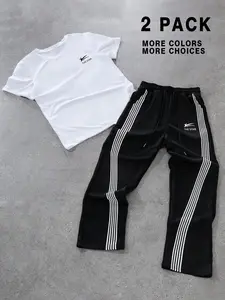 Two-piece Set Men's Letter Print Drop Shoulder Tee & Tracksuit Pants, Regular Fit Casual Cozy Round Neck Short Sleeve T-shirt & Jogger Pants for Daily Wear, Men Two-piece for All Seasons, Athleisure Wear Set, Training clothes, Athleisure Sportswear Set