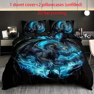 A 3-piece set of Storm Dragon digital printed bedding, Bedding sets, Decorative Bedding Set, made of polyester material, including 1 duvet cover and 2 pillowcases (unfilled), preferred for bedrooms, dormitories, holidays