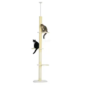 PawHut 4-Tier Tall Cat Tower, Floor to Ceiling Cat Tree, Height Adjustable 87 - 103 Inch with Plush Platforms, Sisal Scratching Posts, Toy Ball for Indoor Cats, Yellow