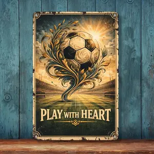 Vintage Soccer Art Print – Play with Heart – Retro Football Poster for Home, Office, or Sports Room