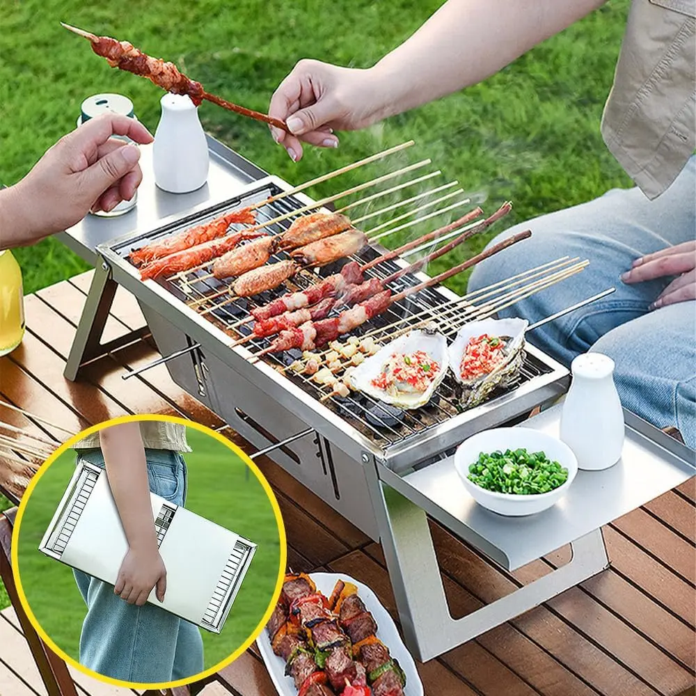 Portable Charcoal Grill, Lightweight Stainless Steel 3-in-1 BBQ Smoker, Foldable Tabletop Fire Pit with Side Shelves for Camping & Tailgating, Heavy Duty-5452