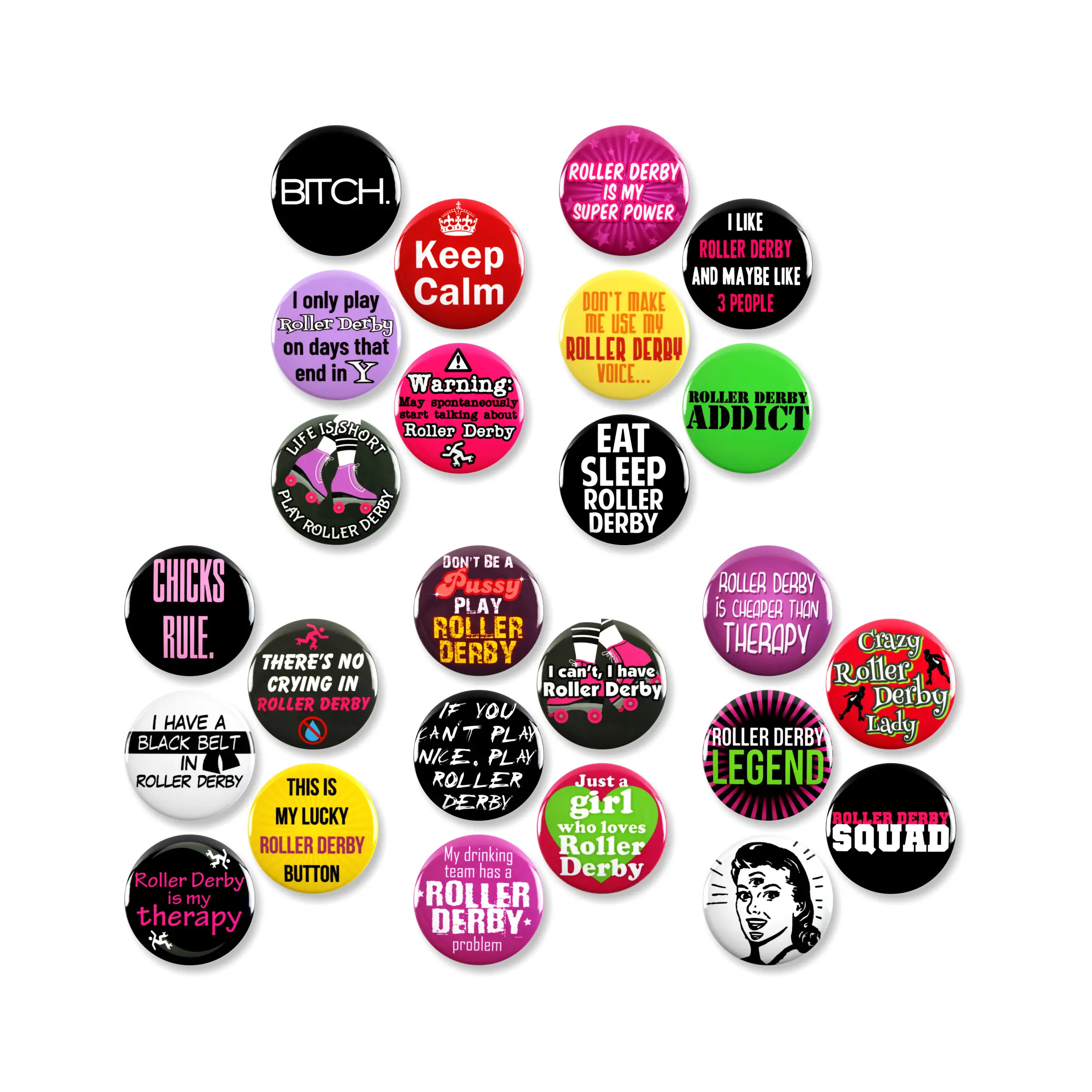 25 Pack - Roller Derby Fanatic Megapack Pinback Buttons - 1.5 Inch
